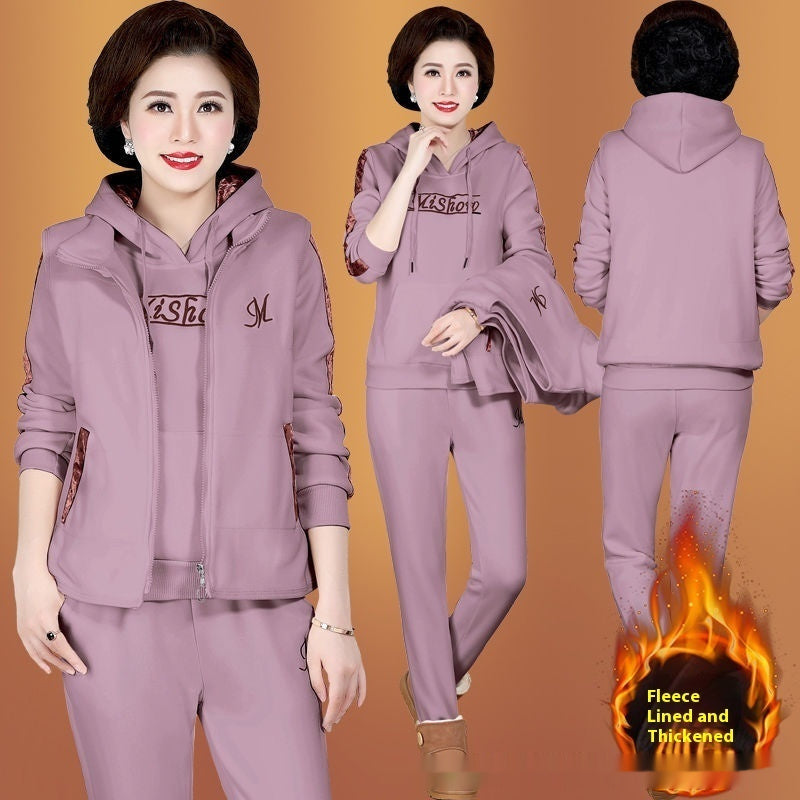 Middle-aged Mom Fleece-lined Thickened Sportswear Suit For Women