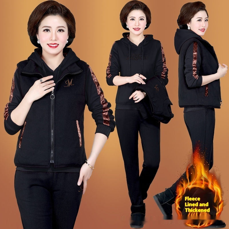 Middle-aged Mom Fleece-lined Thickened Sportswear Suit For Women