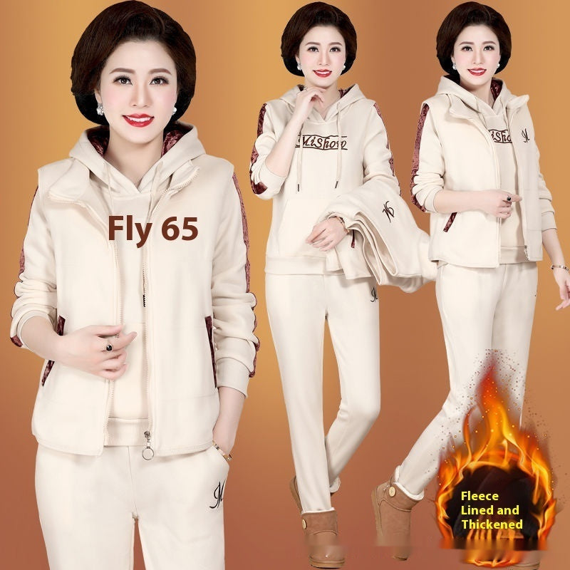 Middle-aged Mom Fleece-lined Thickened Sportswear Suit For Women