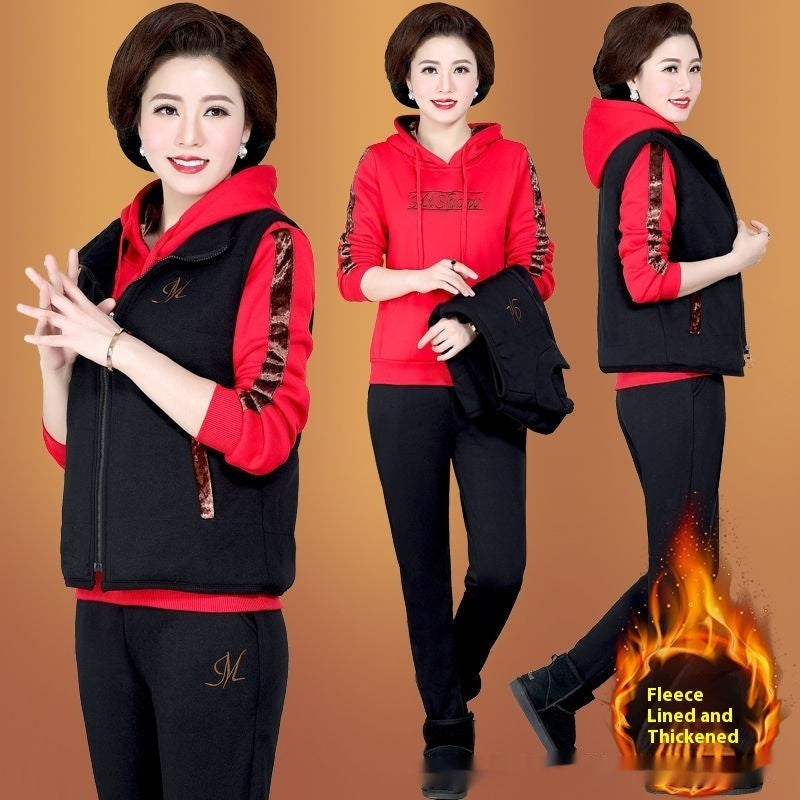 Middle-aged Mom Fleece-lined Thickened Sportswear Suit For Women
