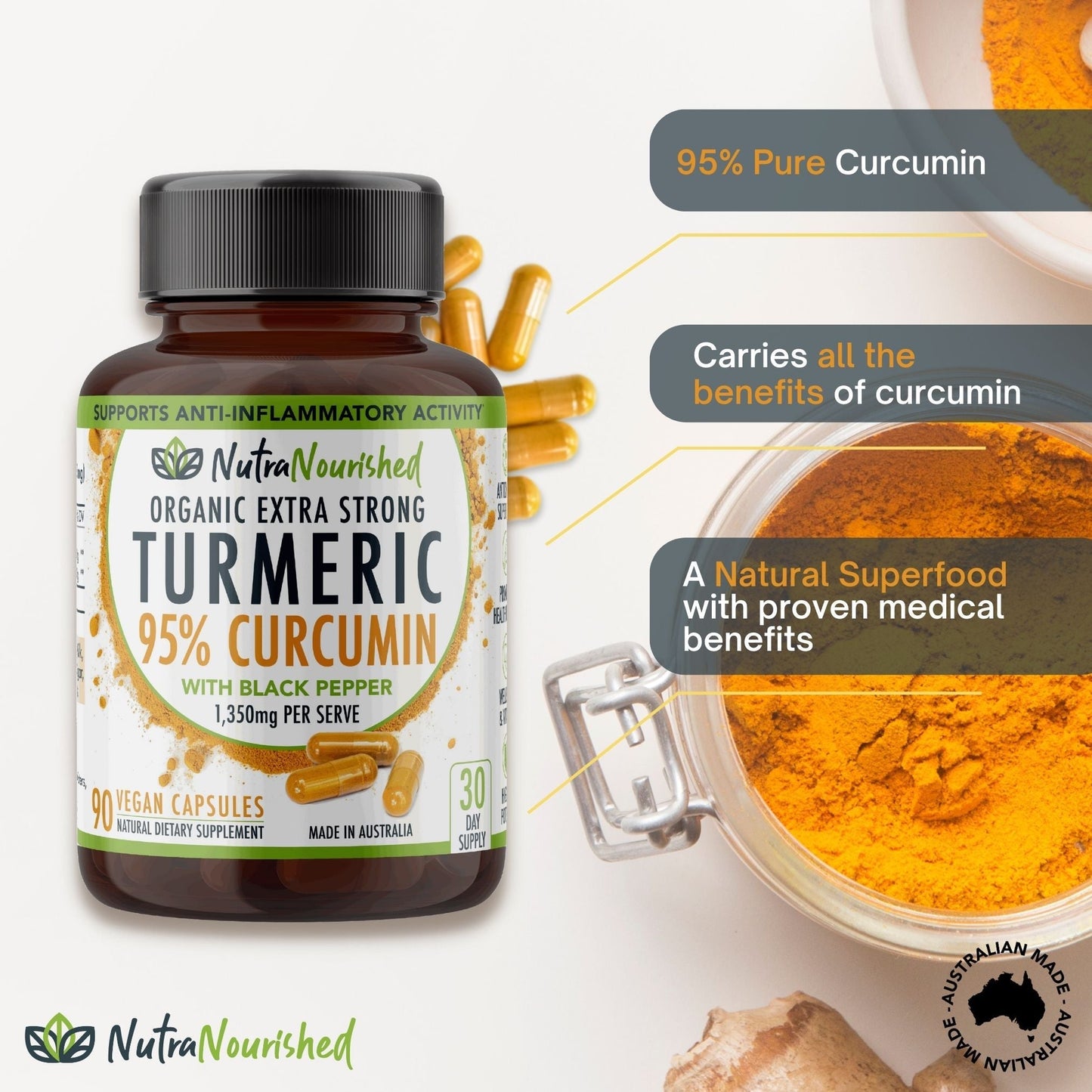 95% Pure Curcumin | Organic Vegan | Turmeric Extract Black Pepper | 90 Capsules
